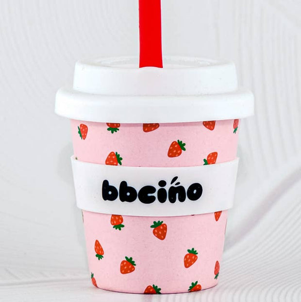 BBcino Berry Bb Babycino Cup 120ml with red reusable straw and white silicone lid