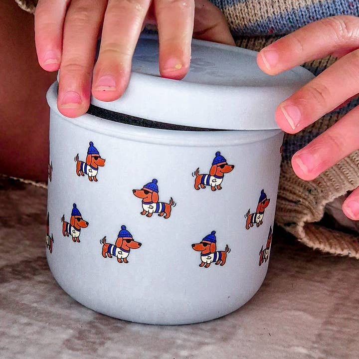 BBcino Dagwood Silicone Snack Pot 250ml with light blue lid and dachshund print