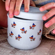 BBcino Dagwood Silicone Snack Pot 250ml with light blue lid and dachshund print