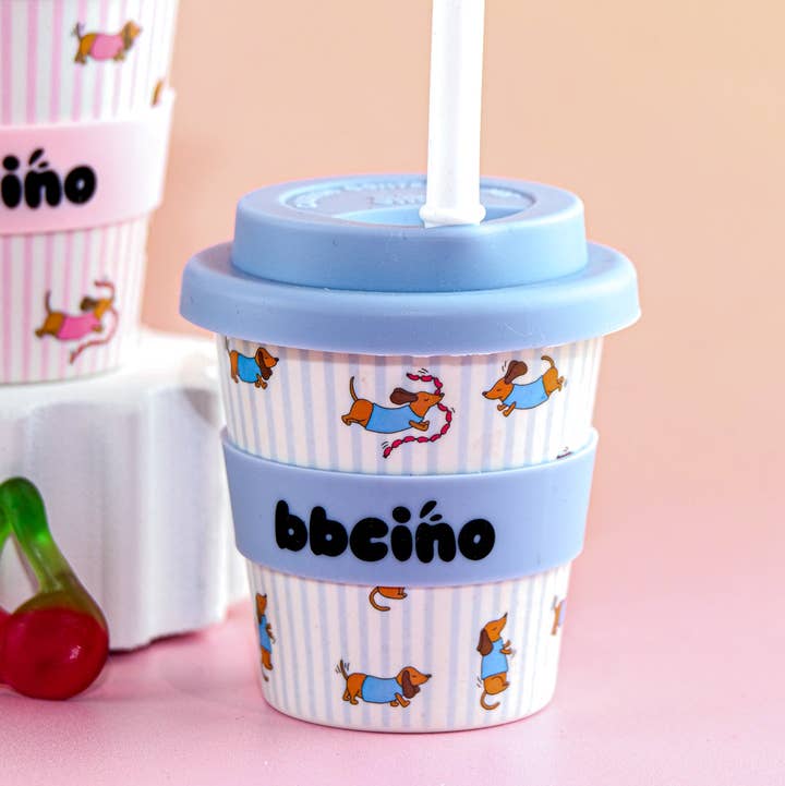 BBcino Dash in Blue Babycino Cup 120ml with white reusable straw and blue silicone lid