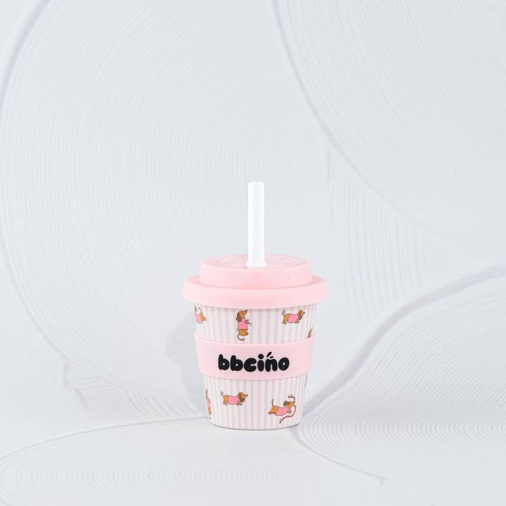BBcino Dash in Pink Babycino Cup 120ml with pink reusable straws and pink silicone band
