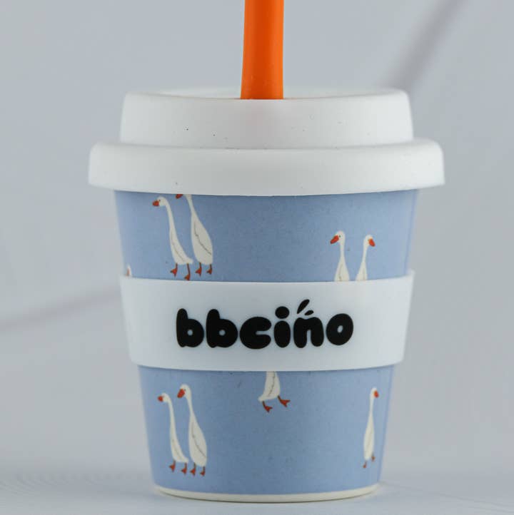 BBcino Loosey-Goosey Babycino Cup 120ml with orange reusable straw and white silicone lid