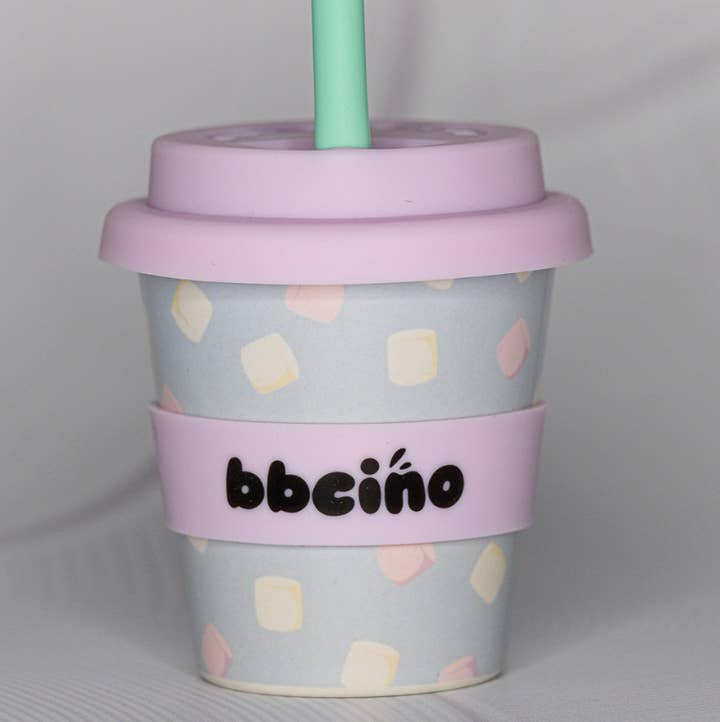 BBcino Marsh-Mellow Babycino Cup 120ml with mint green reusable straw and lilac silicone lid