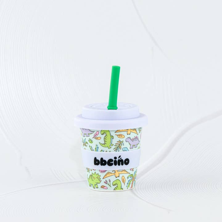 BBcino Sip-A-Saurus Babycino Cup 120ml with white silicone lid and lavender silicone band