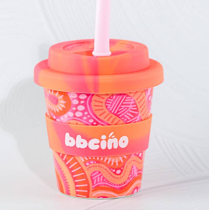 BBcino x Merindah-Gunya Mum and Bub Babycino Cup 120ml with pink reusable straw and orange silicone lid
