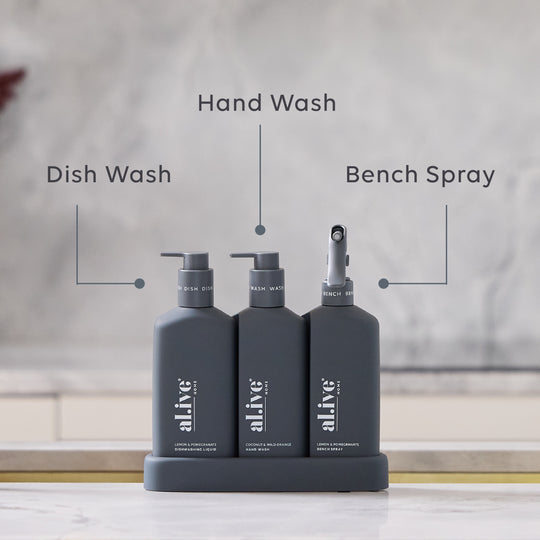 al.ive body dishwashing liquid bench spray and hand wash in matte midnight blue colourway