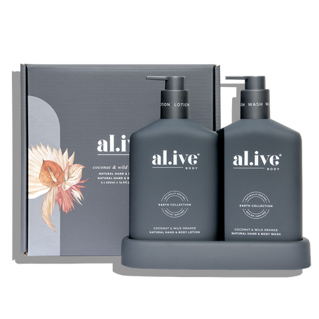 al.ive body Wash & Lotion Duo Coconut & Wild Orange with tray