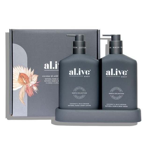 al.ive body Wash & Lotion Duo Coconut & Wild Orange with tray