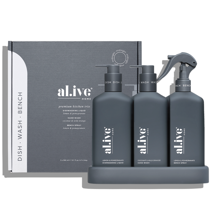 al.ive body Kitchen Trio Midnight Blue with matching tray and refillable bottles