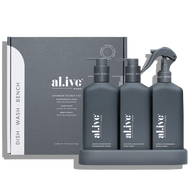 al.ive body Kitchen Trio Midnight Blue with matching tray and refillable bottles