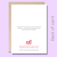 Back of the greeting card with text saying 