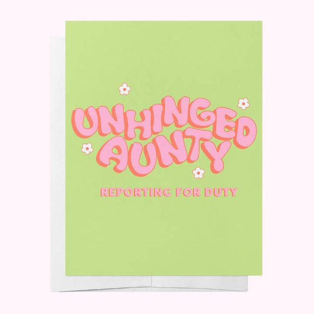 Bad on Paper Unhinged Aunty baby shower greeting card
