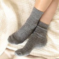 Bed and Butter The Comfiest Socks Grey cashmere wool ankle socks worn on feet