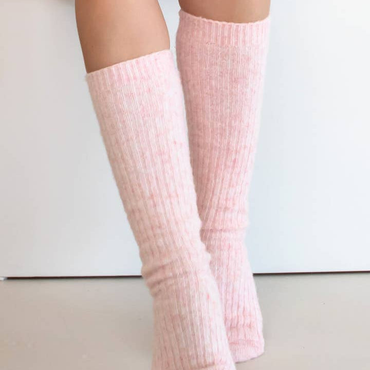 Bed and Butter The Comfiest Socks Knee High Blush Pink cashmere wool socks worn standing