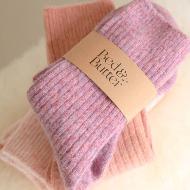 Bed and Butter The Comfiest Socks Knee High Heather Rose cashmere wool socks folded with branded band