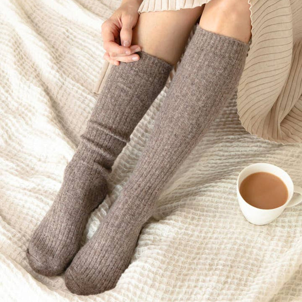 Bed and Butter The Comfiest Socks Knee High Light Chocolate cashmere wool socks worn in bed
