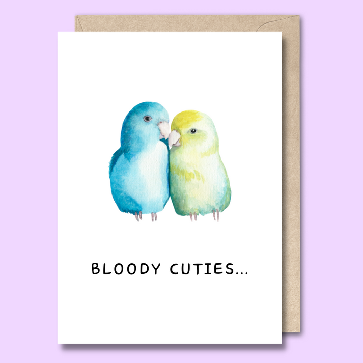 Unseasoned Greetings Bloody Cuties love card with two birds illustration