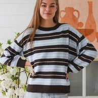 Blue Coffee Stripe Knit Sweater relaxed fit crew neck
