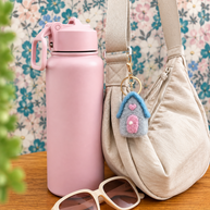 Blue Felt House Keychain styled with beige tote bag