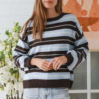 Blue and brown striped women's knit jumper in acrylic wool blend