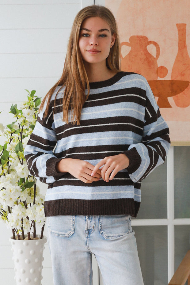 Blue and brown striped women's knit jumper in acrylic wool blend