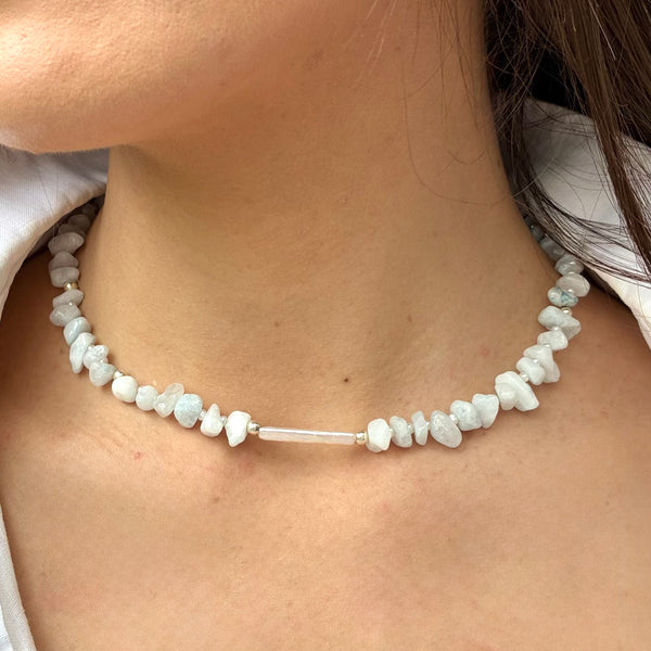 Blue aquamarine semi-precious stone necklace with pearl