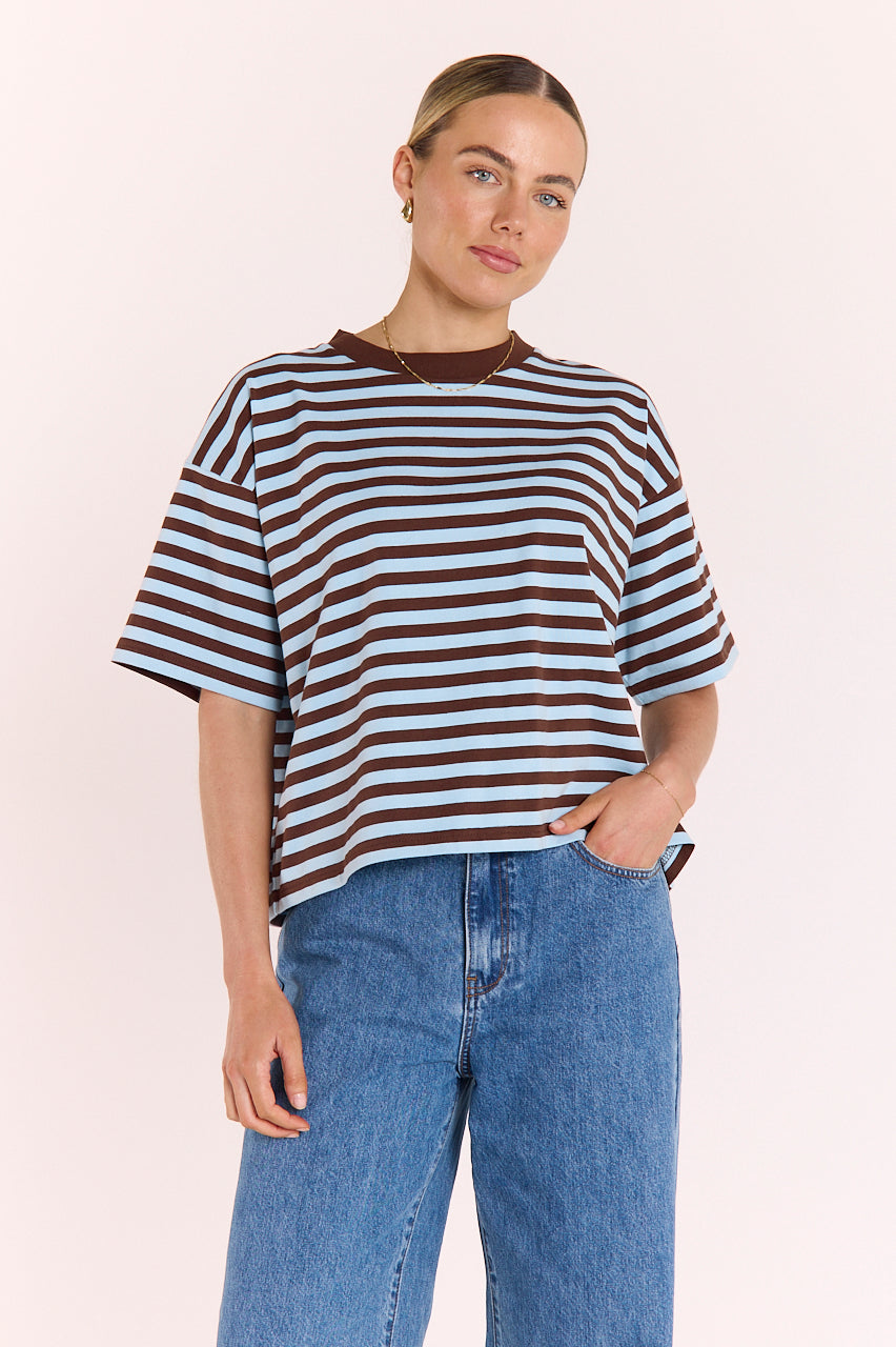 Bold chocolate and blue stripe boxy cut t-shirt with ribbed neckline