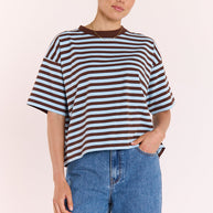 Bold chocolate and blue stripe boxy cut t-shirt with ribbed neckline