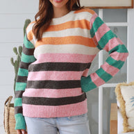 Bold orange pink and teal striped women's knit jumper