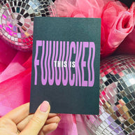 Bold pink wavy typography on deep green card
