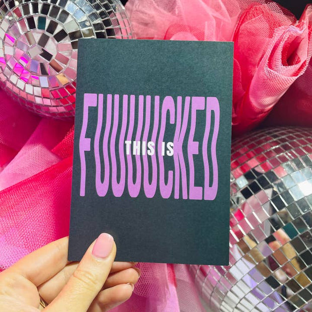 Bold pink wavy typography on deep green card

