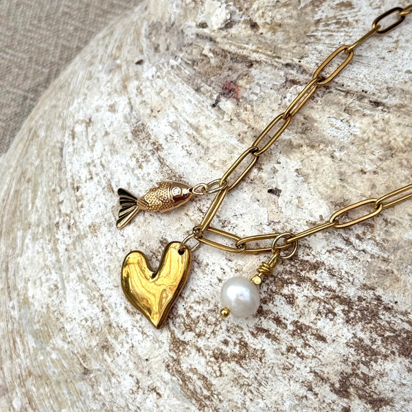 Boss + Me Freshwater Pearl Heart and Fish Charm Necklace