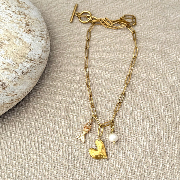 Boss + Me gold charm necklace with freshwater pearl birthstone detail
