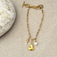 Boss + Me gold charm necklace with freshwater pearl birthstone detail
