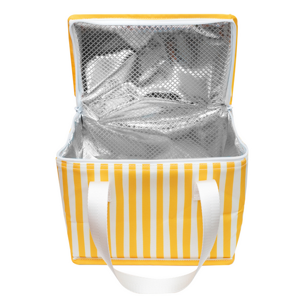 Yellow striped insulated kids lunch bag with carry handles