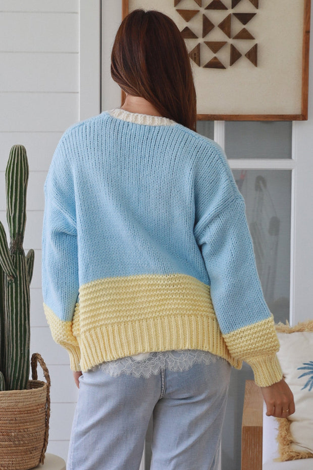 Sky Blue & Yellow Colourblock Cardigan