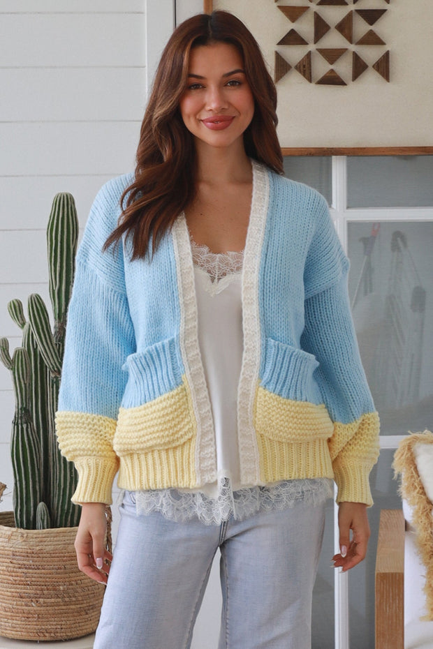 Sky Blue & Yellow Colourblock Cardigan
