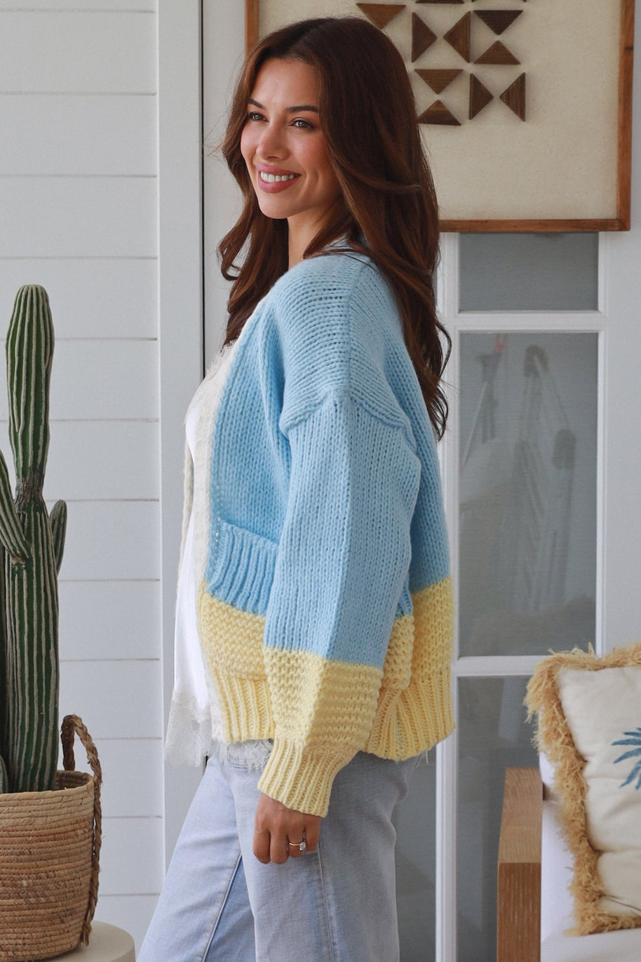 Sky Blue & Yellow Colourblock Cardigan