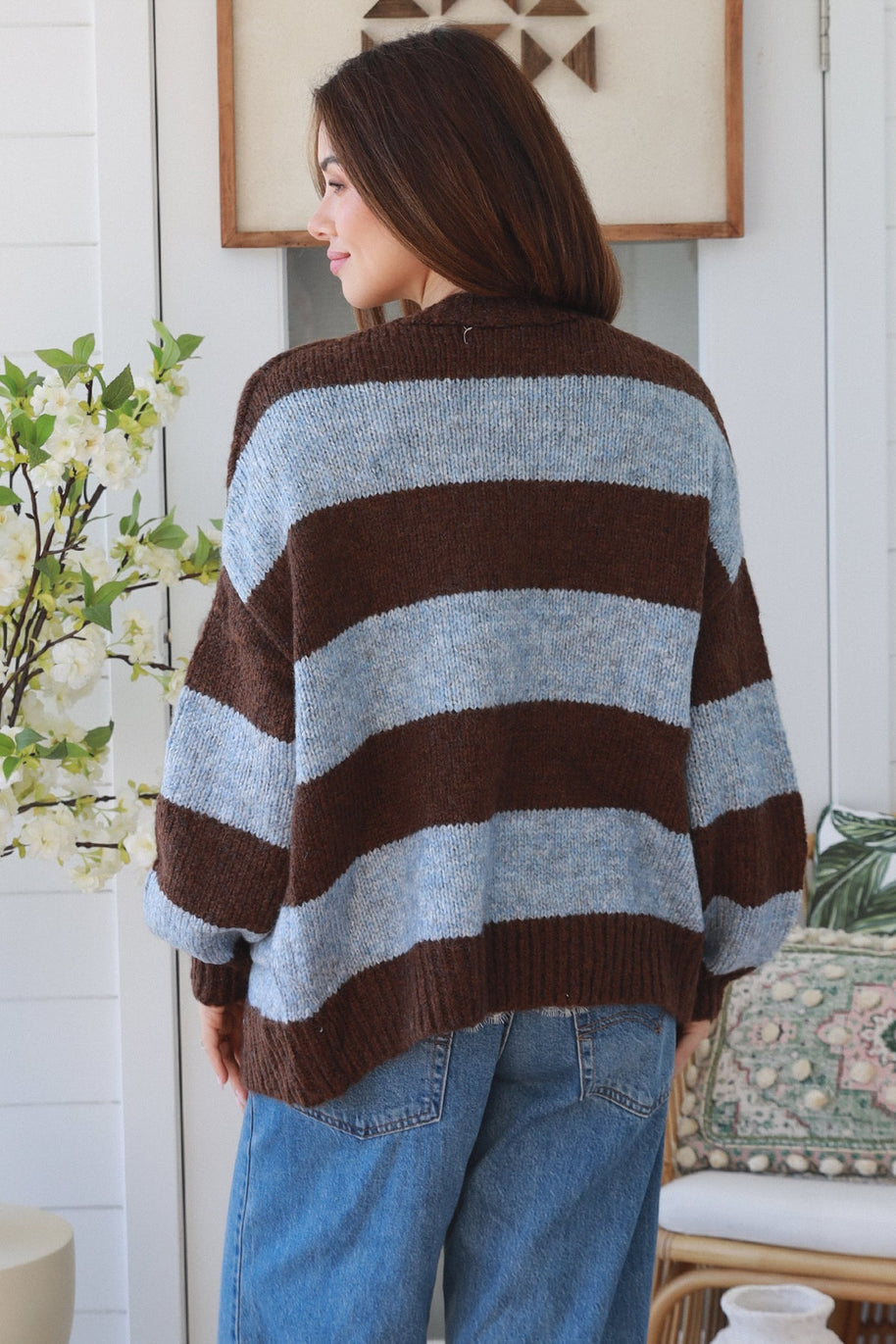 Coffee & Blue Colourblock Oversized Cardigan