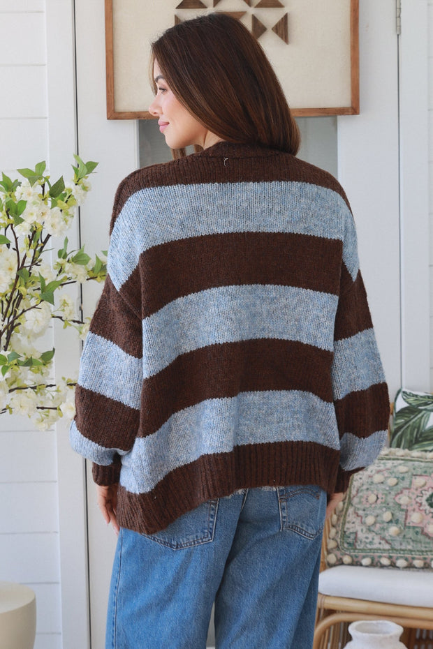 Coffee & Blue Colourblock Oversized Cardigan