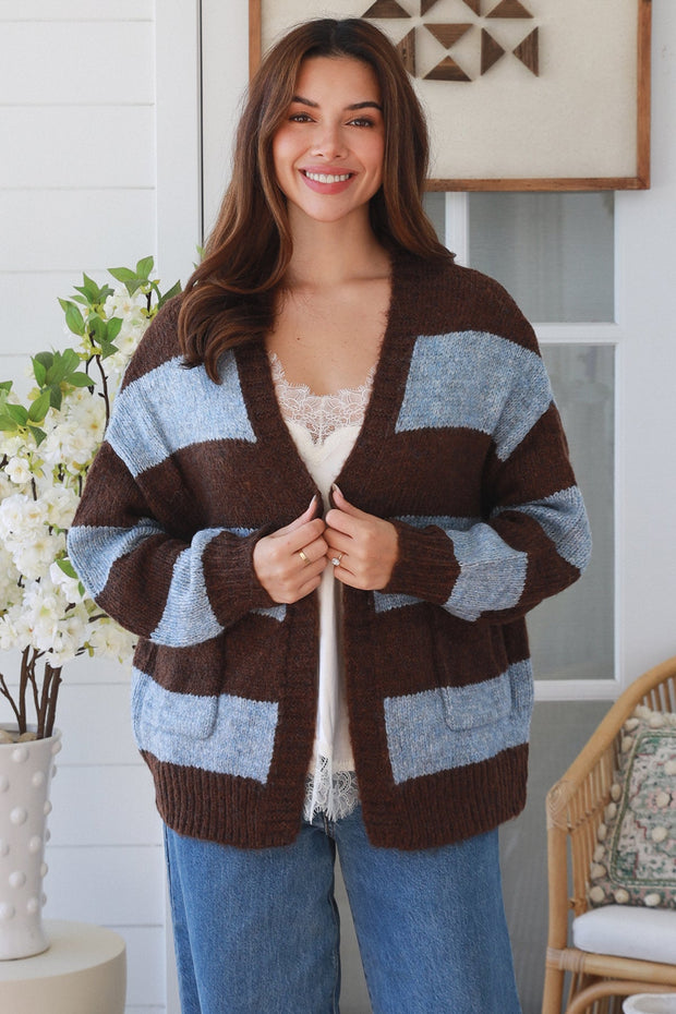 Coffee & Blue Colourblock Oversized Cardigan
