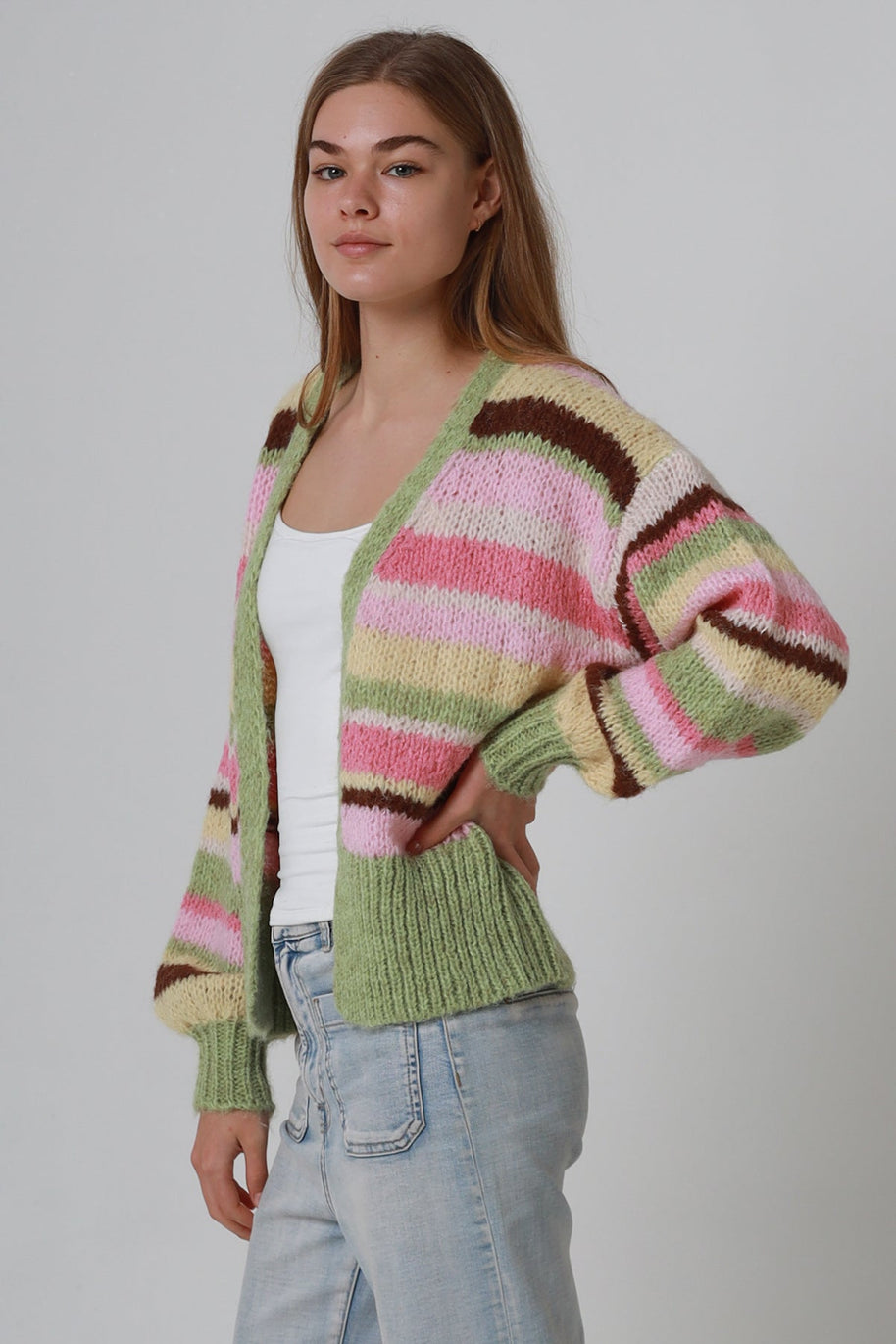Rainbow Stripe Mohair Blend Cardigan – Sage Green