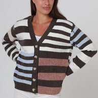Brown, Ivory, Blue & Pink Stripe Knit Cardigan