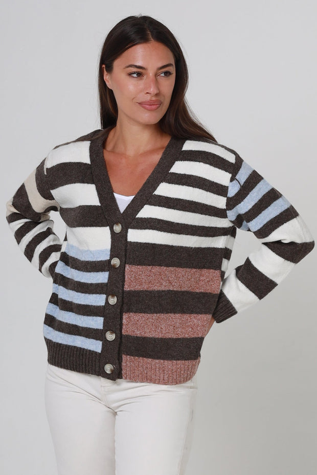 Brown, Ivory, Blue & Pink Stripe Knit Cardigan