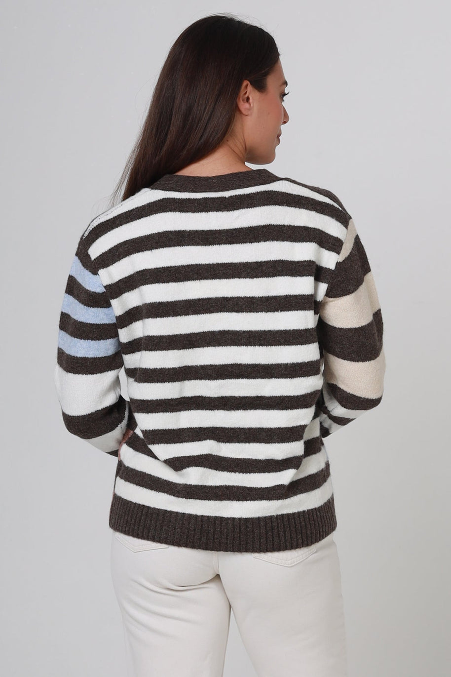 Brown, Ivory, Blue & Pink Stripe Knit Cardigan