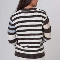 Brown, Ivory, Blue & Pink Stripe Knit Cardigan