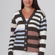 Brown, Ivory, Blue & Pink Stripe Knit Cardigan