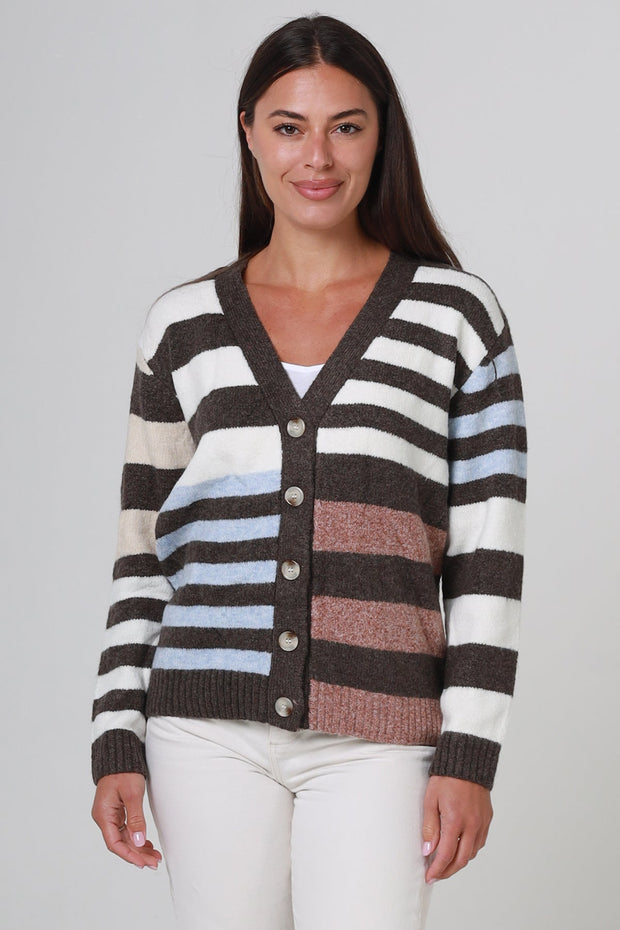 Brown, Ivory, Blue & Pink Stripe Knit Cardigan