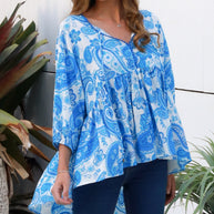 Blue printed rayon top with relaxed fit