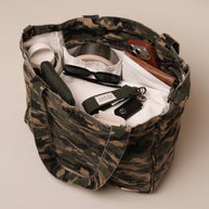 Camo print tote bag with six internal organising pockets